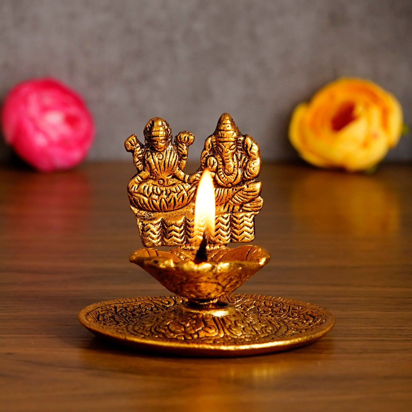 eCraftIndia Goddess Laxmi & Lord Ganesha Golden Metal Diya
