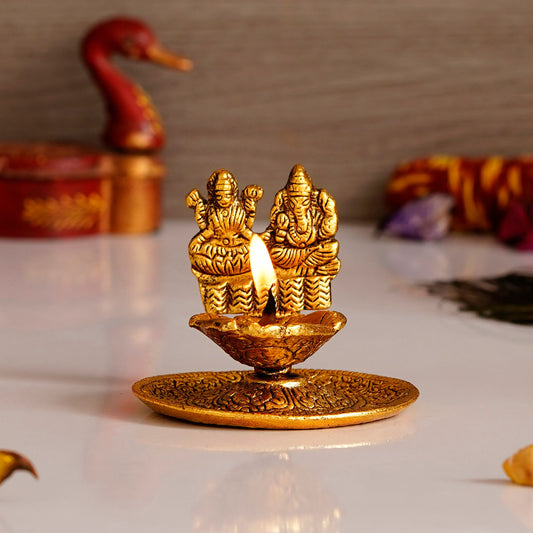 eCraftIndia Goddess Laxmi & Lord Ganesha Golden Metal Diya